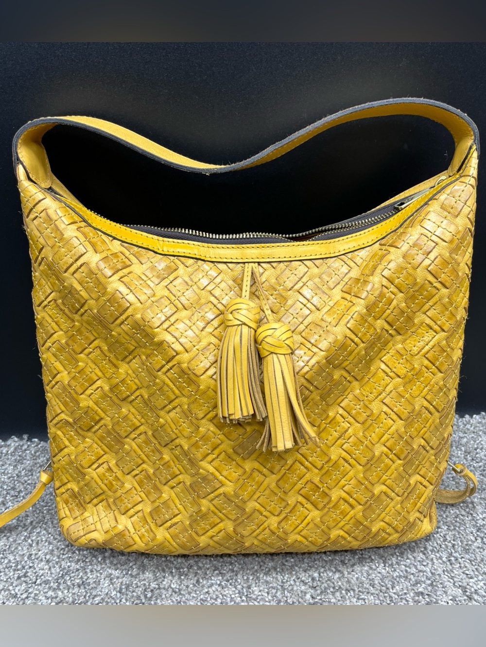 $269 Patricia Nash Braided Stitch Maissana Leather Hobo Bag Mustard Yellow